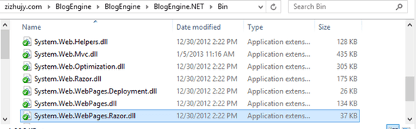 Make sure these dll files exist in the “bin” folder under BlogEngine.NET web root.